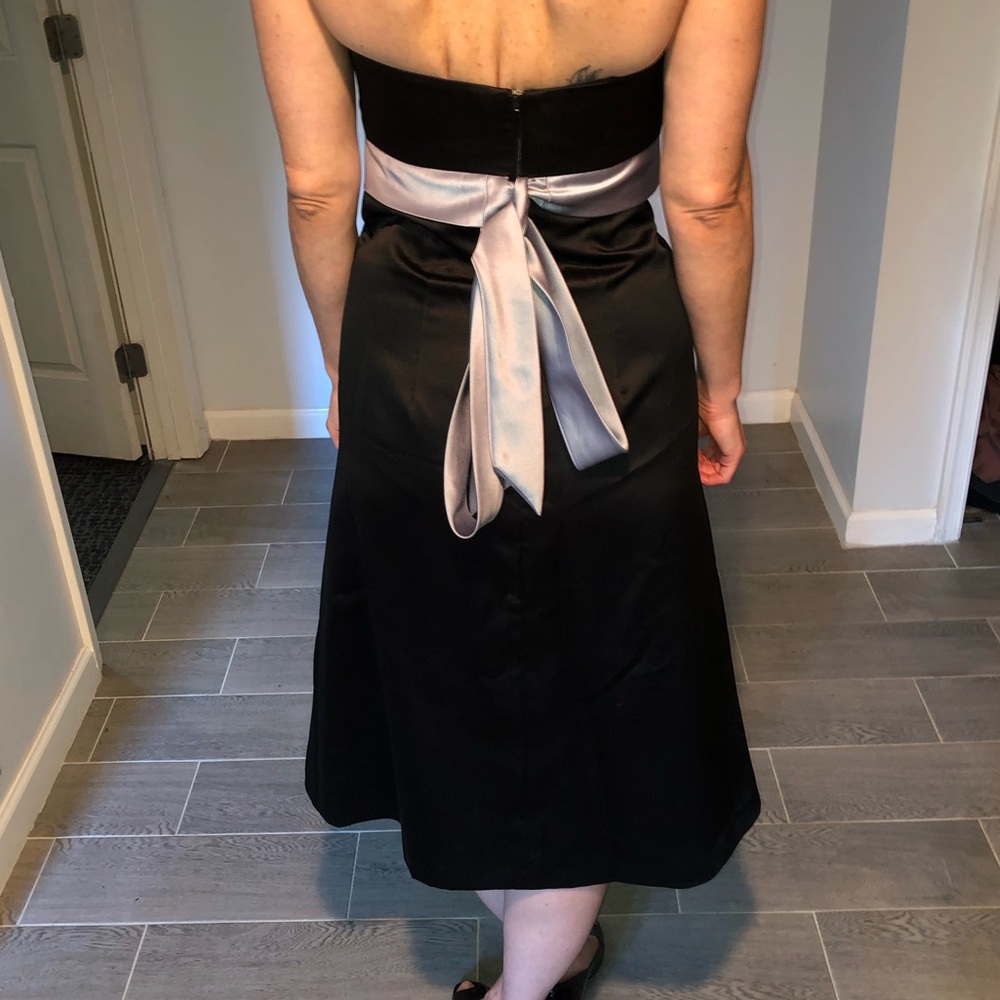 Black sateen strapless A-like dress w silver sash